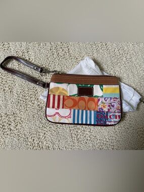Coach Multicolor Patchwork Canvas Wristlet with Brown Leather Trim